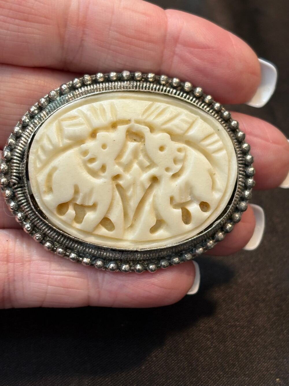Vintage Hand Carved Bone Figural Brooch 2.25” 19g UNSIGNED